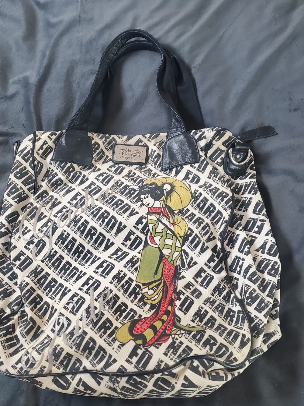 Ed Hardy Black & Cream Geisha Graphic Tote
